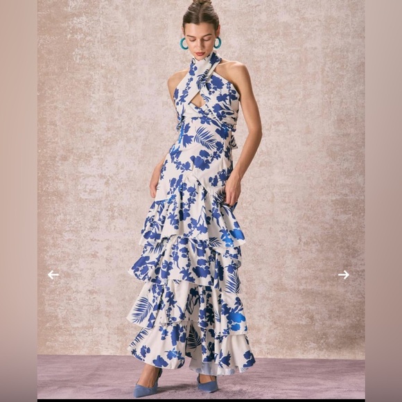 RIHOAS Dresses & Skirts - the blue halter cut out ruffle maxi Dress Size XL wedding multi blue wht floral